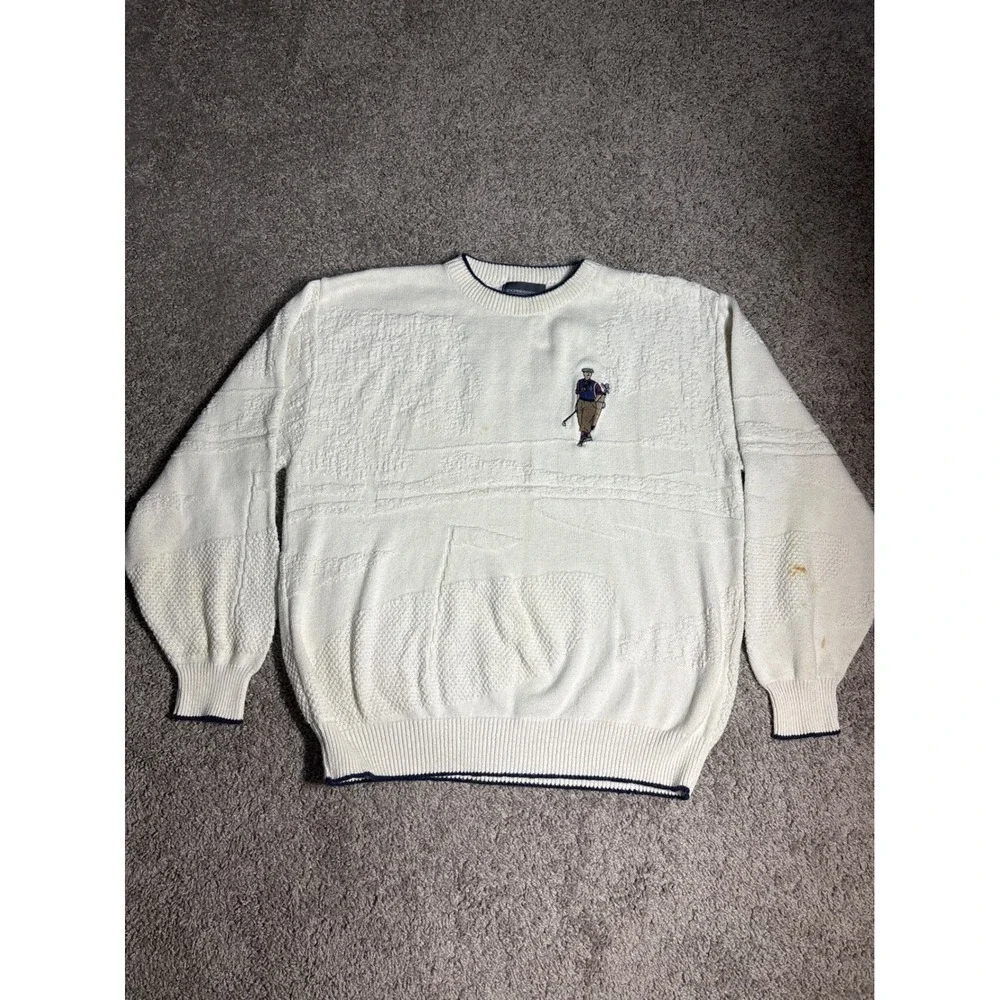 Vintage Express Tricot Mens Golf Embroidered Textured Knit Sweater Cream XL